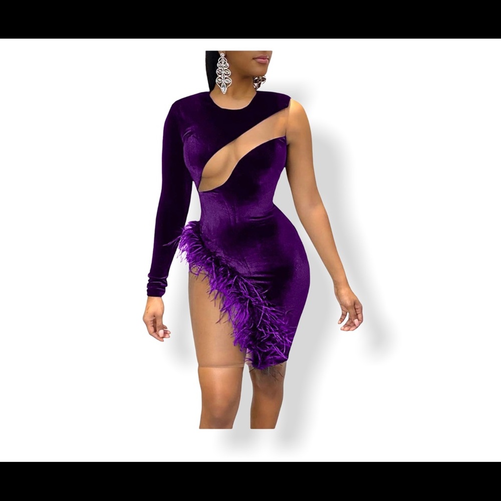 Other Colors Av: one sleeve velvet feather dress